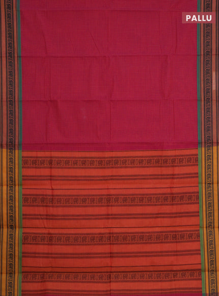Chettinad cotton saree dark pink and green with allover thread checked pattern and thread woven border