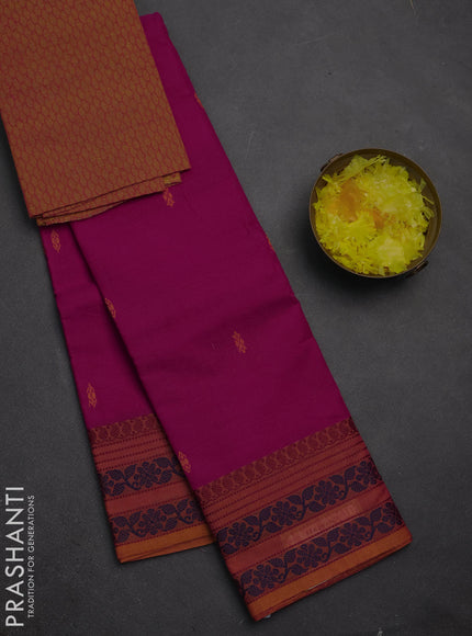 Chettinad cotton saree pink and dark mustard with thread woven buttas and thread woven border