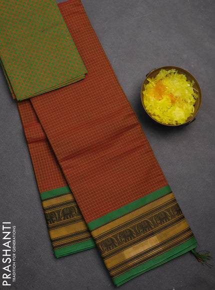 Chettinad cotton saree rust shade and green mustard yellow with allover thread checked pattern and thread woven border