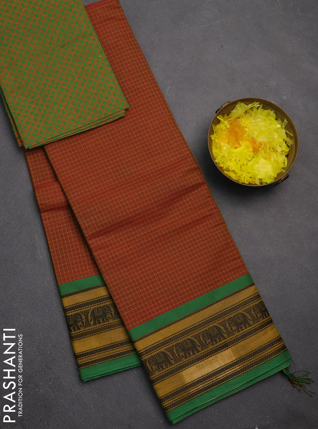 Chettinad cotton saree rust shade and green mustard yellow with allover thread checked pattern and thread woven border