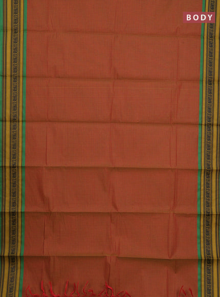 Chettinad cotton saree rust shade and green mustard yellow with allover thread checked pattern and thread woven border