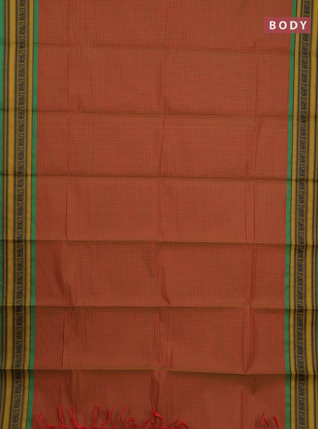 Chettinad cotton saree rust shade and green mustard yellow with allover thread checked pattern and thread woven border
