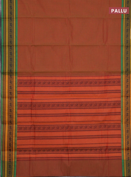 Chettinad cotton saree rust shade and green mustard yellow with allover thread checked pattern and thread woven border