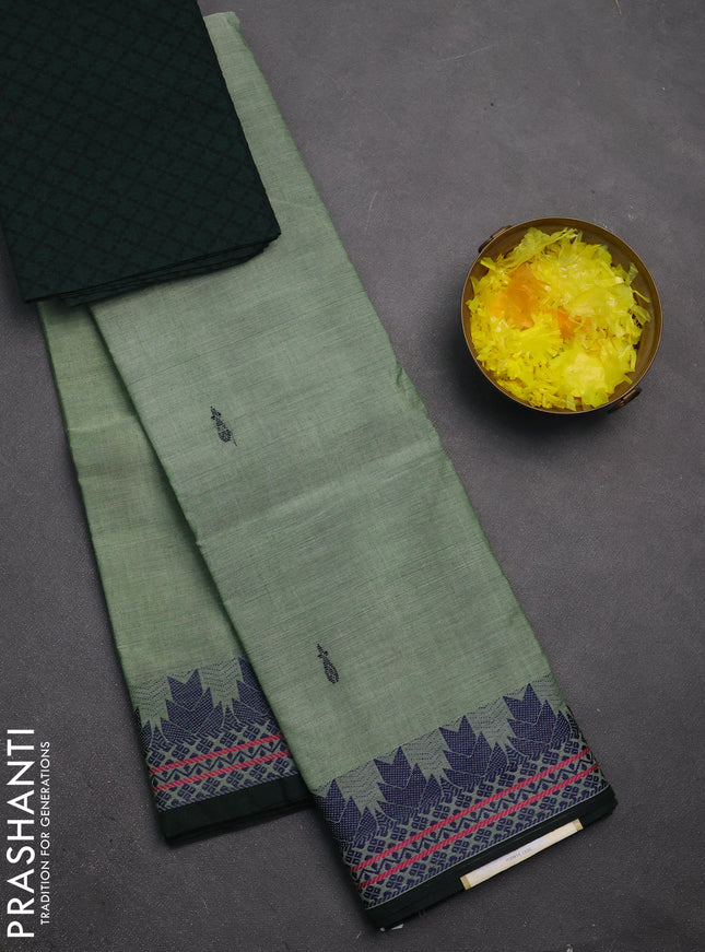 Chettinad cotton saree pastel green and bottle green with thread woven buttas and thread woven border