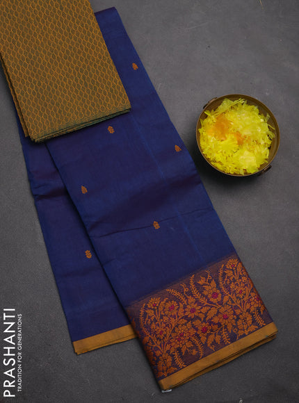 Chettinad cotton saree dual shade of blue and dark mustard with thread woven buttas and thread woven border