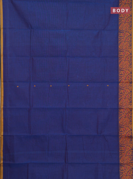 Chettinad cotton saree dual shade of blue and dark mustard with thread woven buttas and thread woven border