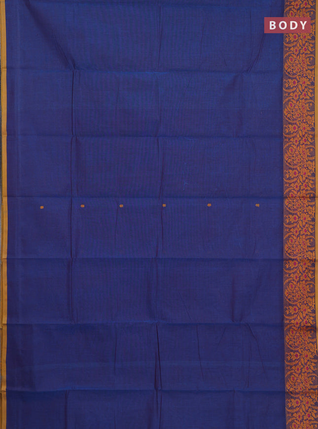 Chettinad cotton saree dual shade of blue and dark mustard with thread woven buttas and thread woven border