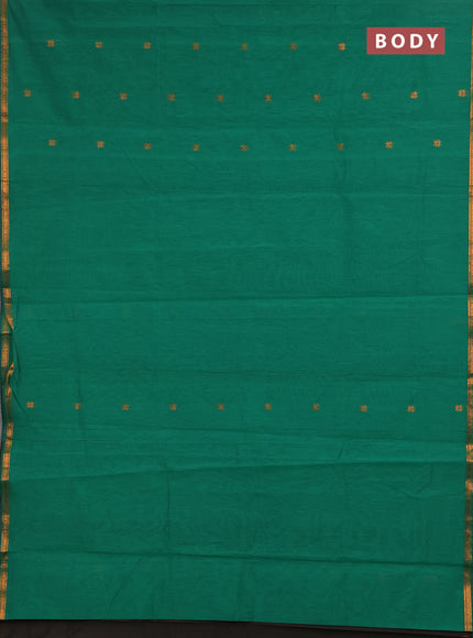 Semi maheswari cotton saree green and olive green with copper zari woven buttas and small copper zari woven border