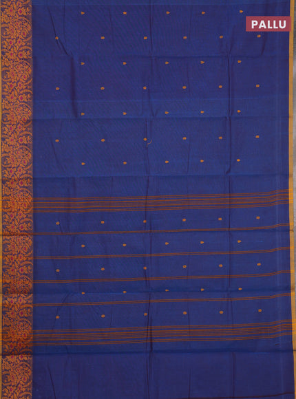 Chettinad cotton saree dual shade of blue and dark mustard with thread woven buttas and thread woven border