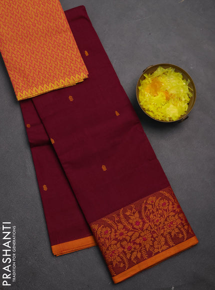 Chettinad cotton saree wine shade and mustard yellow with thread woven buttas and thread woven border