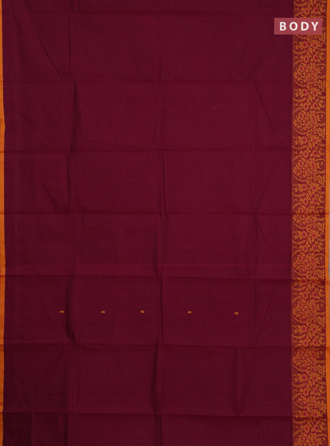 Chettinad cotton saree wine shade and mustard yellow with thread woven buttas and thread woven border