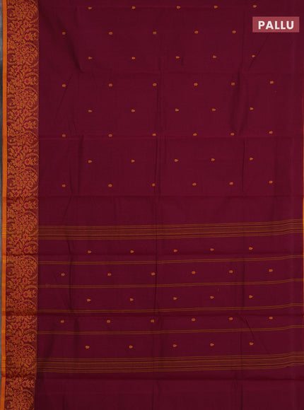 Chettinad cotton saree wine shade and mustard yellow with thread woven buttas and thread woven border