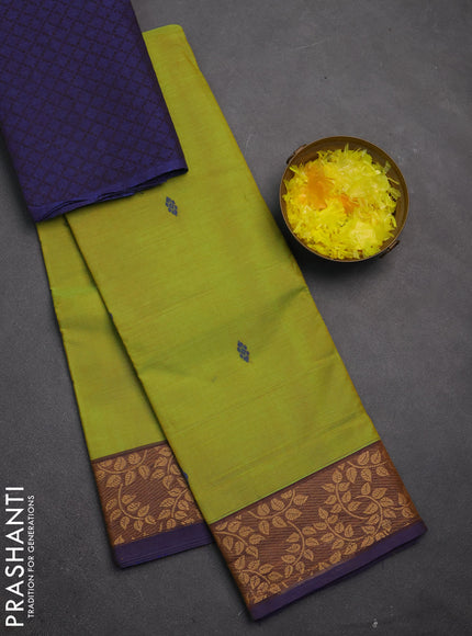 Chettinad cotton saree lime green and violet with thread woven buttas and thread woven border