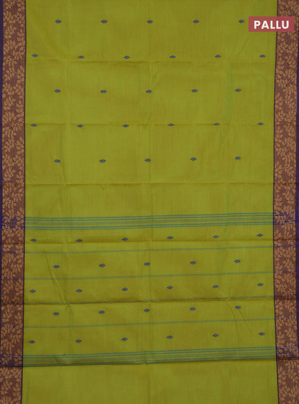 Chettinad cotton saree lime green and violet with thread woven buttas and thread woven border
