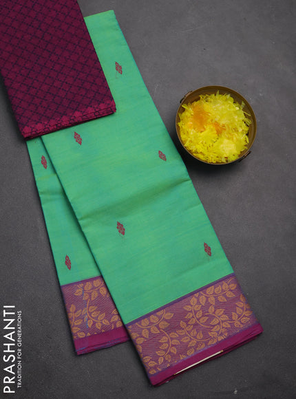 Chettinad cotton saree teal green and magenta pink with thread woven buttas and thread woven border
