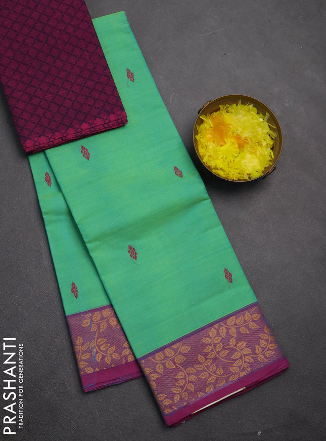 Chettinad cotton saree teal green and magenta pink with thread woven buttas and thread woven border
