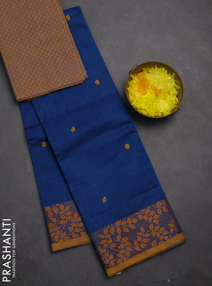 Chettinad cotton saree blue and mustard yellow with thread woven buttas and thread woven border