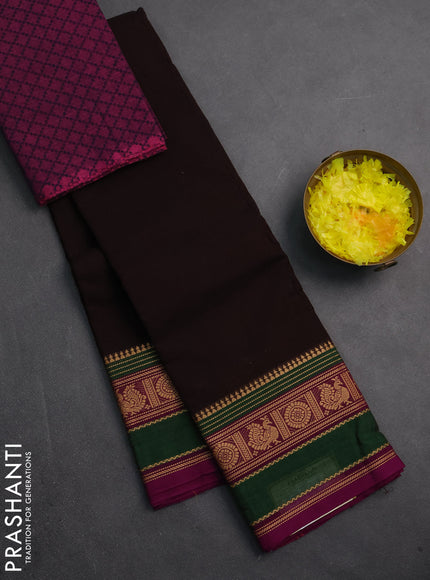 Chettinad cotton saree coffee brown and purple green with plain body and rettapet thread woven border