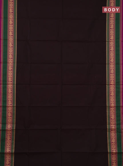 Chettinad cotton saree coffee brown and purple green with plain body and rettapet thread woven border