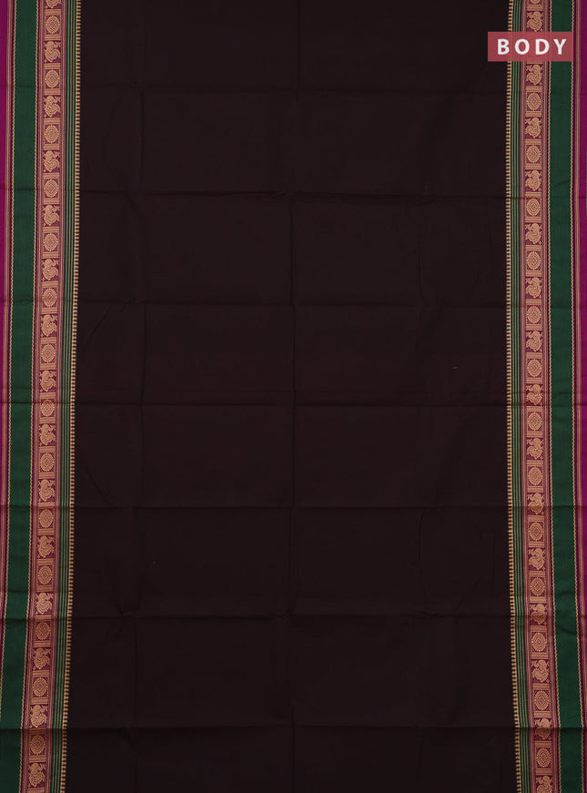 Chettinad cotton saree coffee brown and purple green with plain body and rettapet thread woven border
