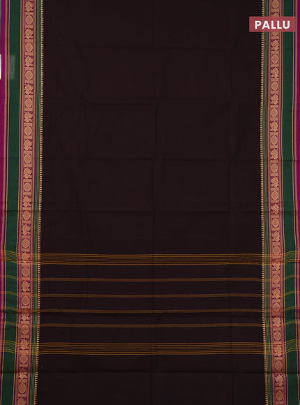 Chettinad cotton saree coffee brown and purple green with plain body and rettapet thread woven border