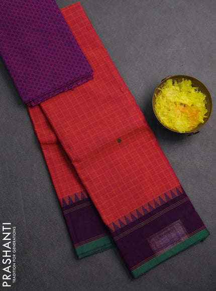 Chettinad cotton saree dual shade of pinkish green and purple green with allover checks & thread buttas and rettapet border