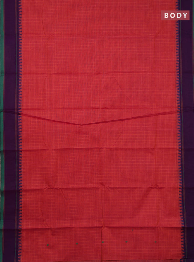 Chettinad cotton saree dual shade of pinkish green and purple green with allover checks & thread buttas and rettapet border