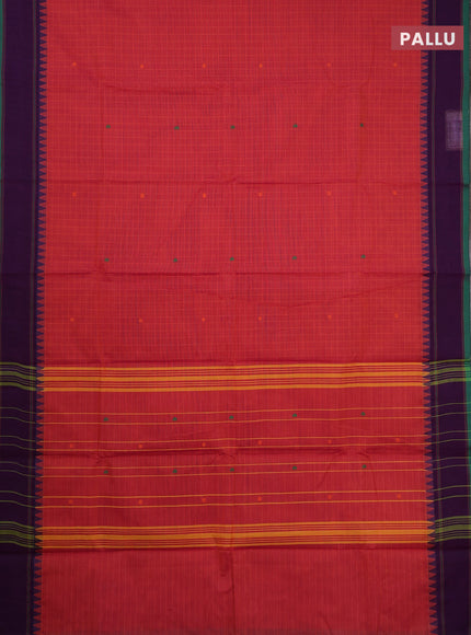 Chettinad cotton saree dual shade of pinkish green and purple green with allover checks & thread buttas and rettapet border