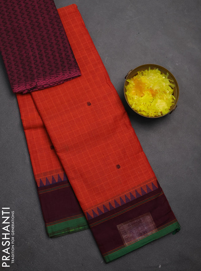 Chettinad cotton saree rust shade and green wine with allover checks & thread buttas and rettapet border