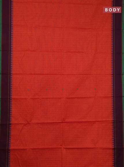Chettinad cotton saree rust shade and green wine with allover checks & thread buttas and rettapet border