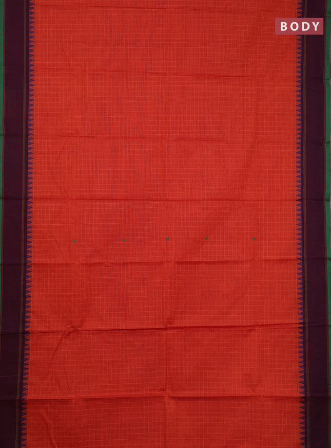 Chettinad cotton saree rust shade and green wine with allover checks & thread buttas and rettapet border