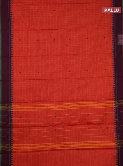 Chettinad cotton saree rust shade and green wine with allover checks & thread buttas and rettapet border