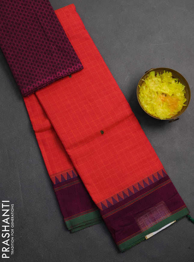 Chettinad cotton saree pinkish orange and purple with allover checks & thread buttas and rettapet border