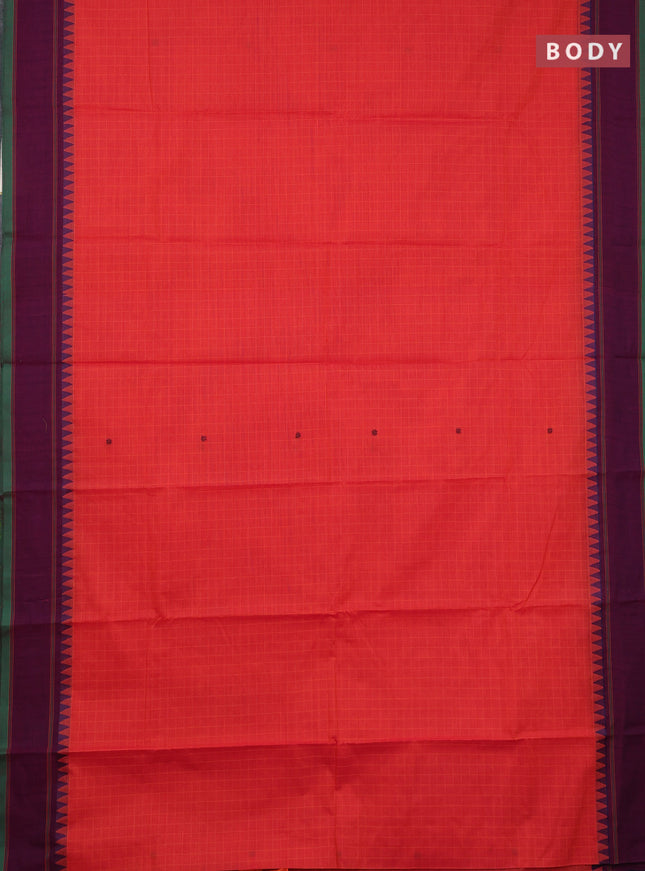 Chettinad cotton saree pinkish orange and purple with allover checks & thread buttas and rettapet border