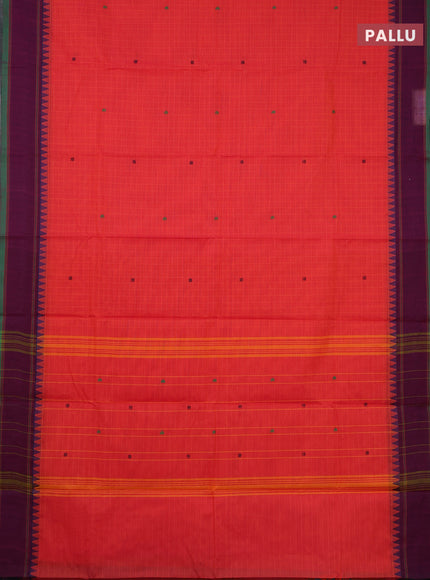 Chettinad cotton saree pinkish orange and purple with allover checks & thread buttas and rettapet border