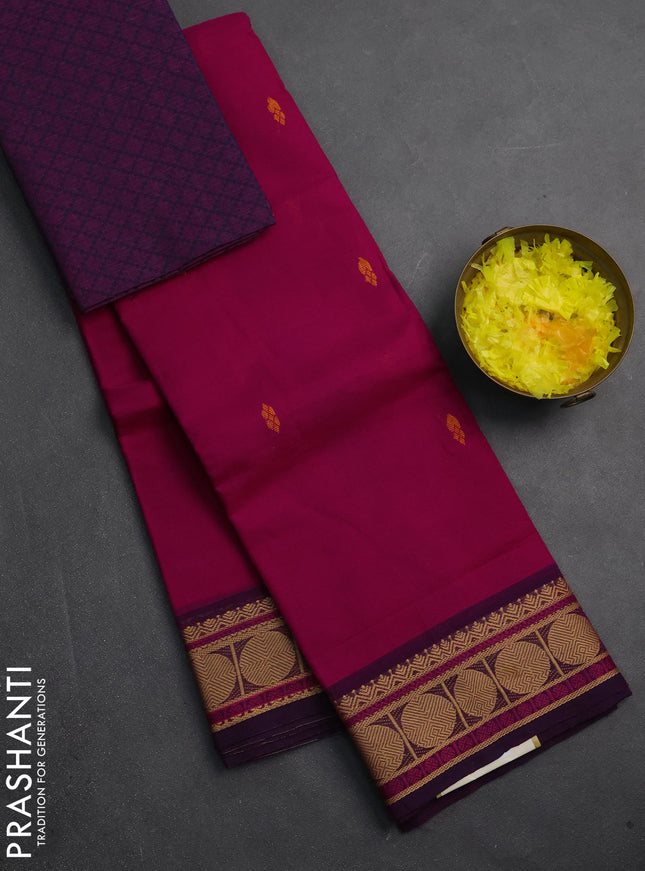 Chettinad cotton saree pink and wine shade with thread woven buttas and thread woven border