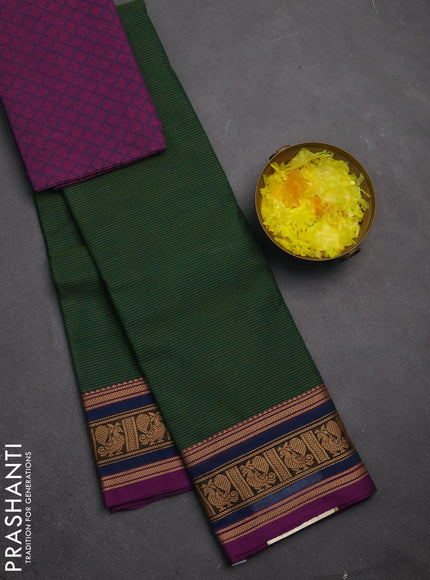 Chettinad cotton saree bottle green and purple with allover stripes pattern and thread woven border