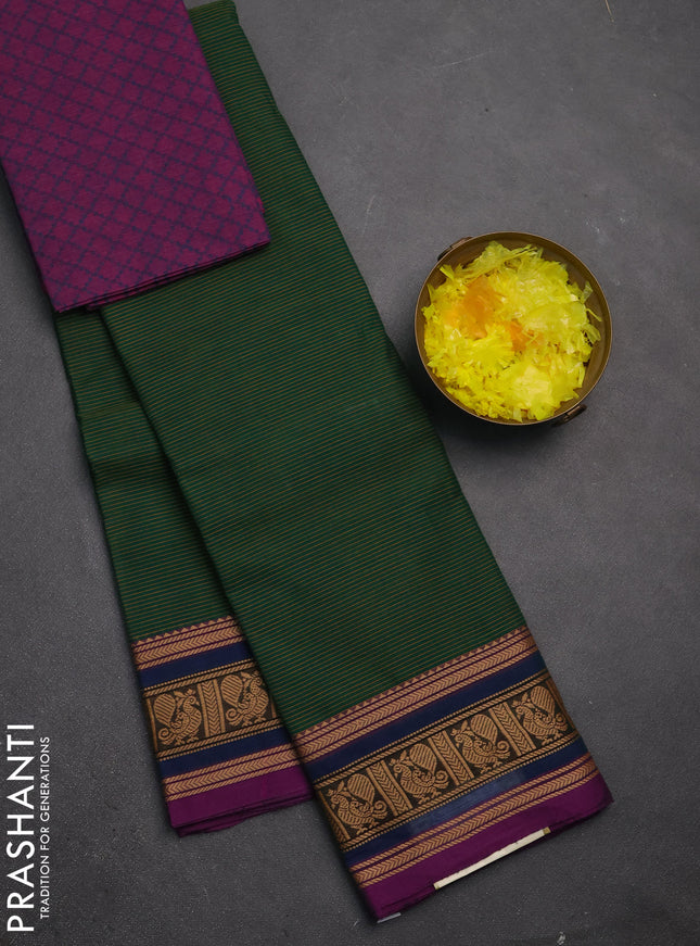 Chettinad cotton saree bottle green and purple with allover stripes pattern and thread woven border