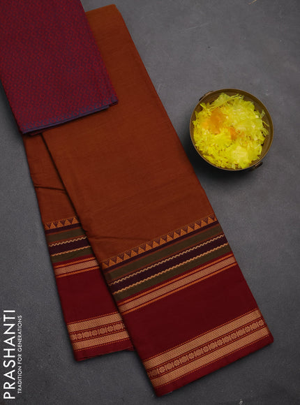Chettinad cotton saree rust  and maroon with plain body and rettapet thread woven border