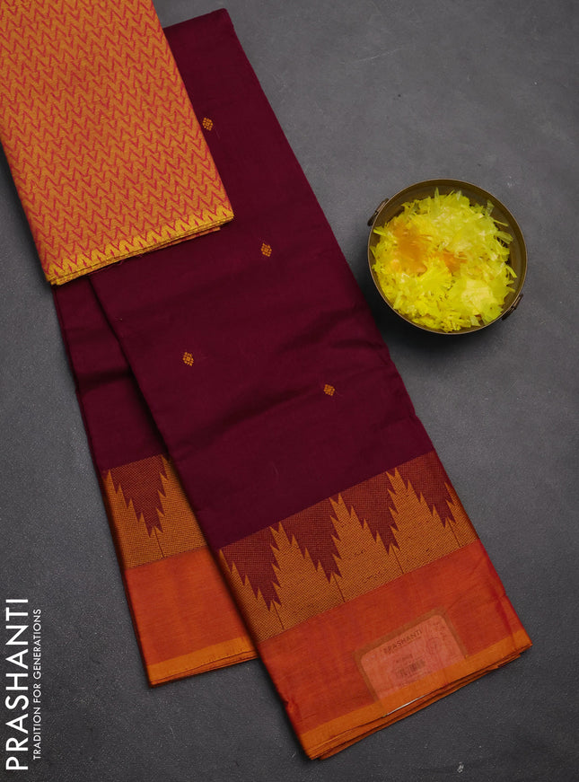 Chettinad cotton saree dark mustard and dual shade of mustard yellow with thread woven buttas and temple thread woven simple border