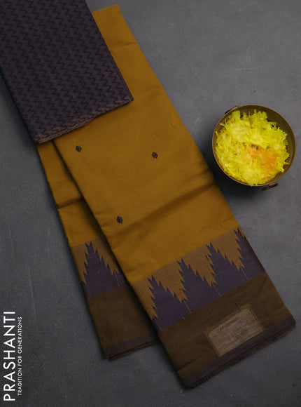Chettinad cotton saree dark mustard and dual shade of blue with thread woven buttas and temple thread woven simple border
