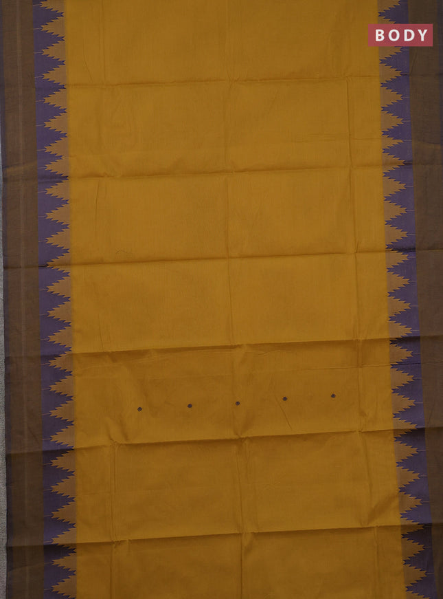 Chettinad cotton saree dark mustard and dual shade of blue with thread woven buttas and temple thread woven simple border