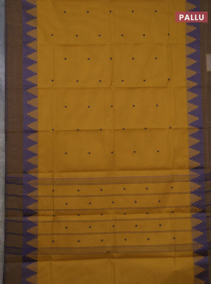 Chettinad cotton saree dark mustard and dual shade of blue with thread woven buttas and temple thread woven simple border