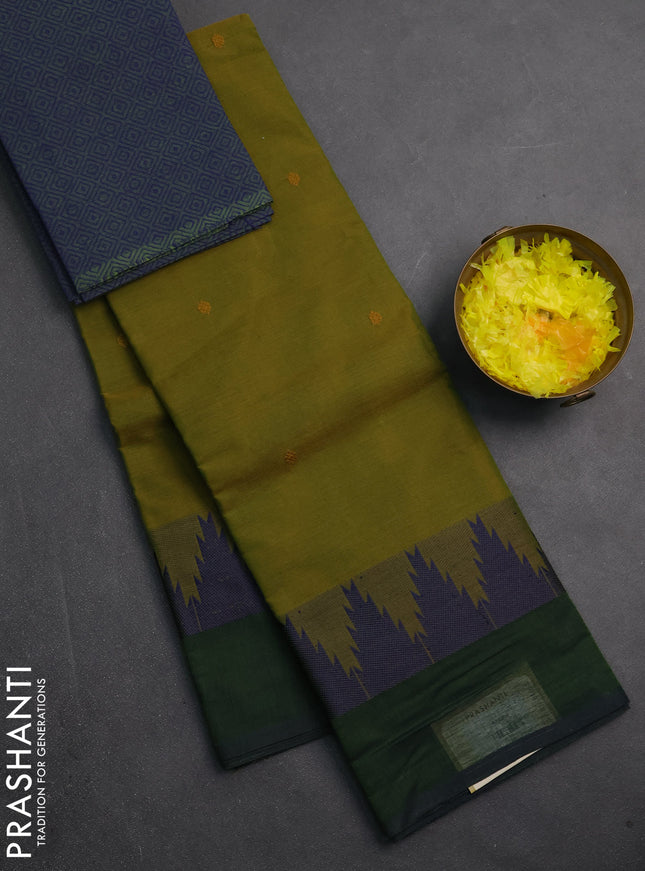 Chettinad cotton saree mehendi green and dual shade of blue with thread woven buttas and temple thread woven simple border