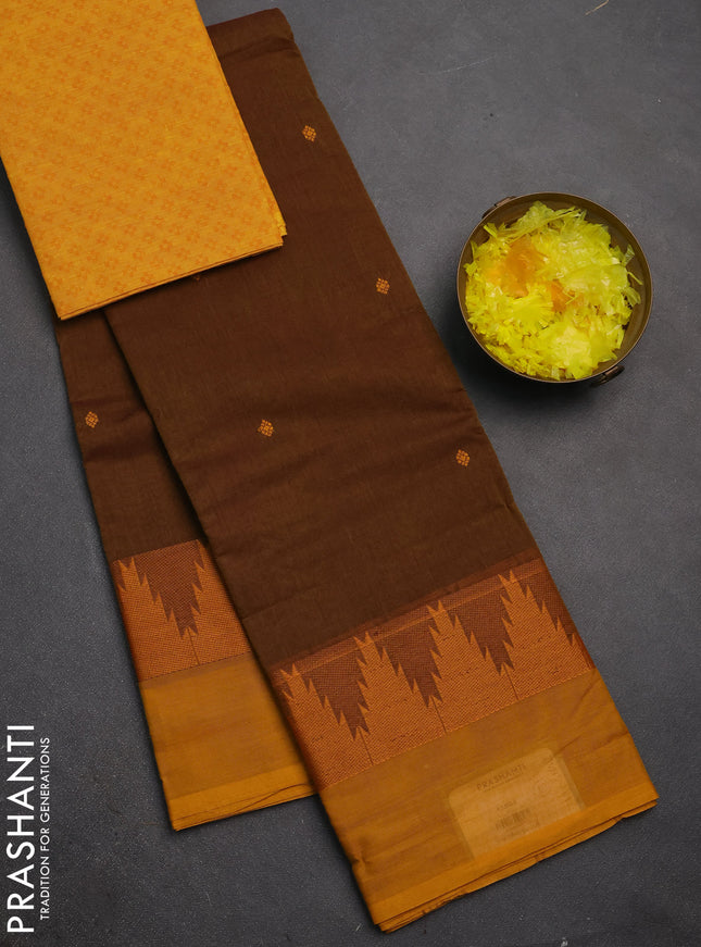 Chettinad cotton saree dark mustard and mustard yellow with thread woven buttas and temple thread woven simple border