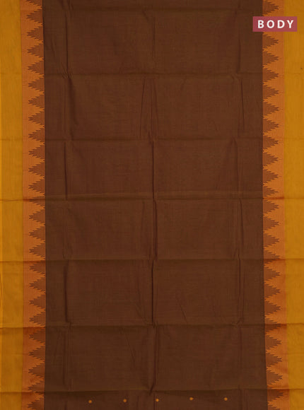 Chettinad cotton saree dark mustard and mustard yellow with thread woven buttas and temple thread woven simple border
