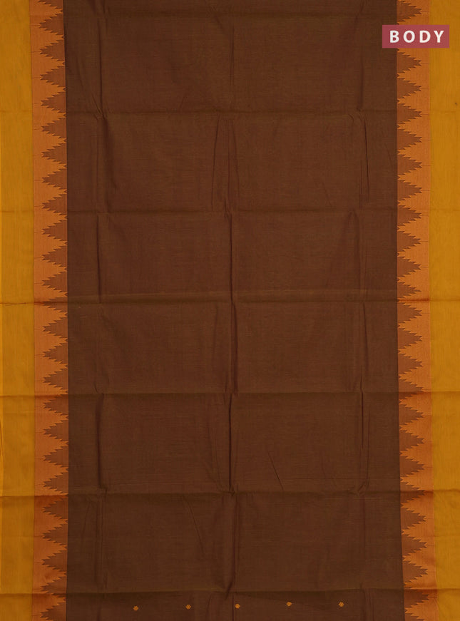 Chettinad cotton saree dark mustard and mustard yellow with thread woven buttas and temple thread woven simple border