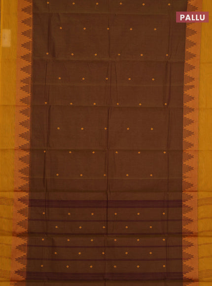 Chettinad cotton saree dark mustard and mustard yellow with thread woven buttas and temple thread woven simple border