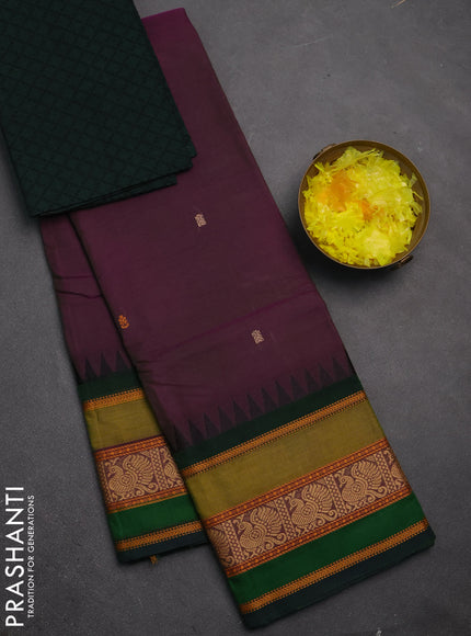 Chettinad cotton saree purple and bottle green with thread woven buttas and long temple thread woven border