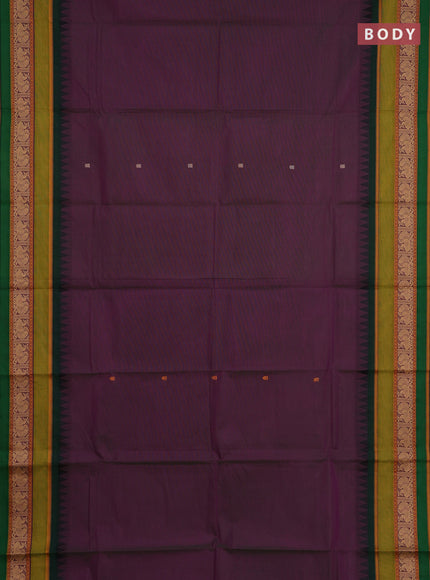 Chettinad cotton saree purple and bottle green with thread woven buttas and long temple thread woven border